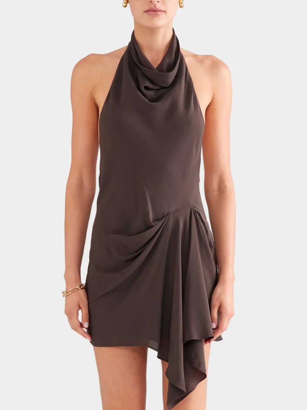 NEW Venroy Draped Halter Mini Dress Small Cafe Chocolate Brown - Picture 2 of 12